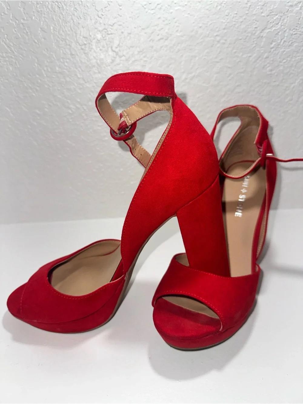 Sun + Stone Red Suede Peep-Toe Ankle Strap Platform Heels